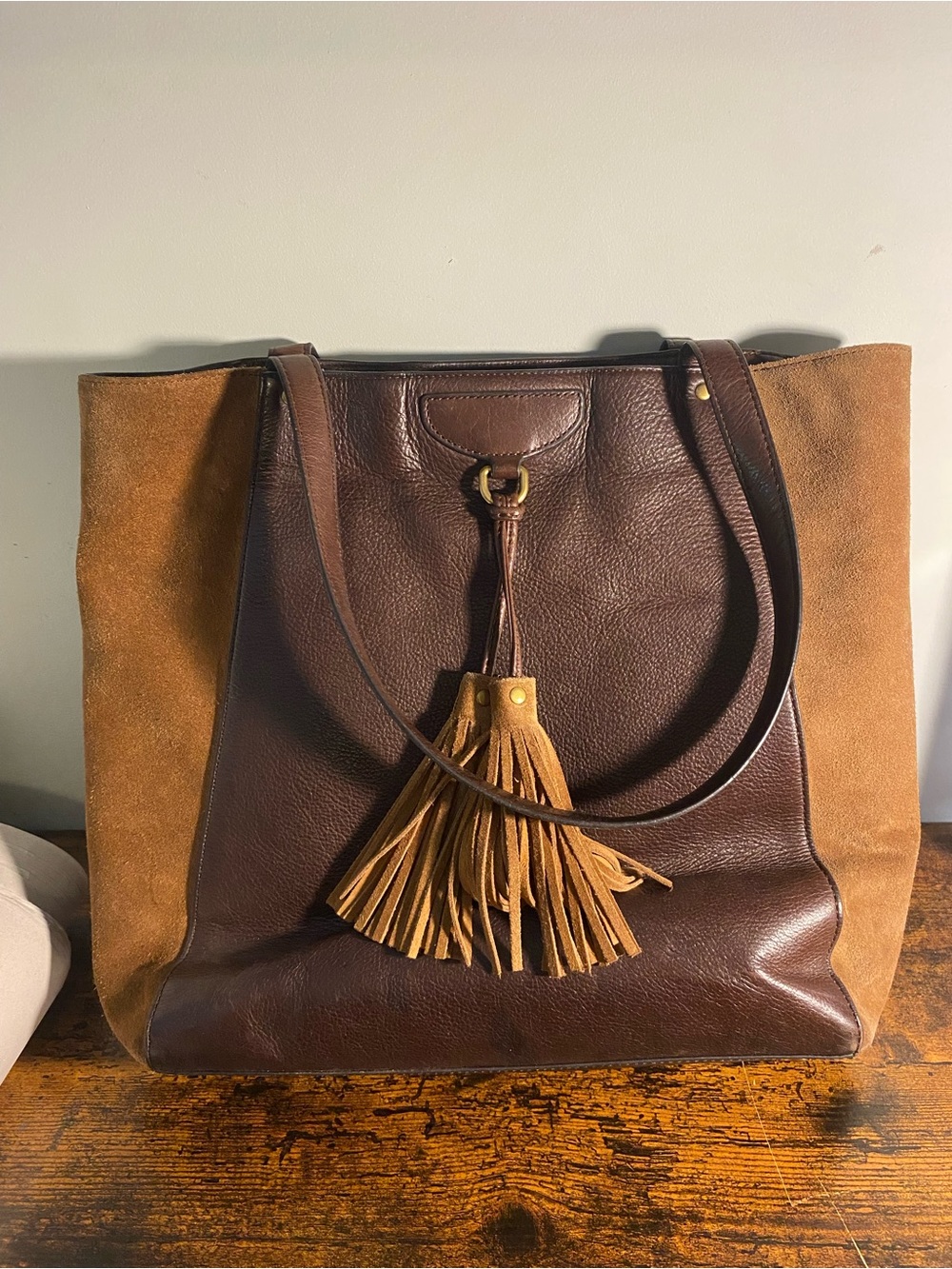 Frye Brown Leather & Suede Tote with Tassel